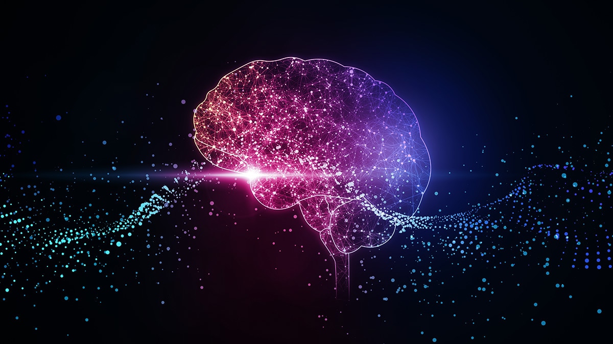 Digital brain illustration on dark blue background, artificial intelligence