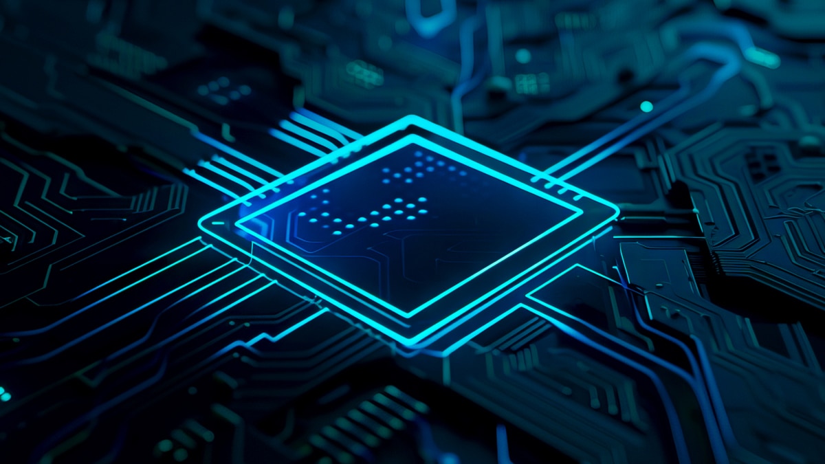 Abstract glowing 3D computer chip