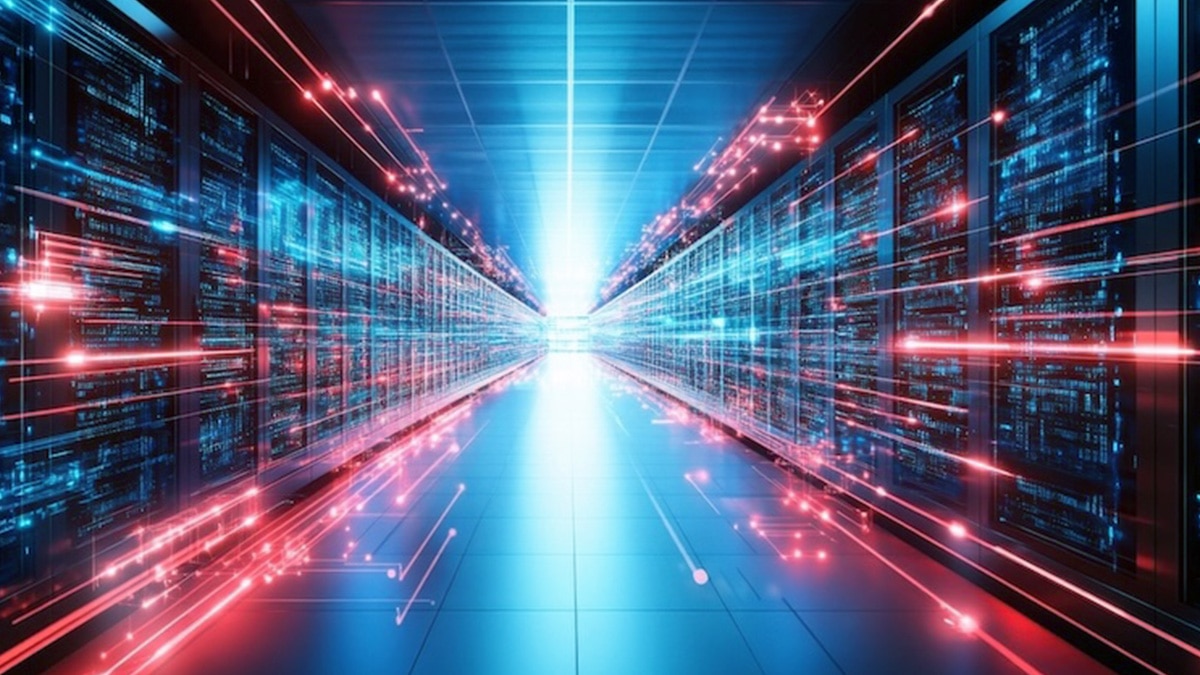 Data center server room with glowing red data streams and blue server racks, concept of high speed data transfer, cloud computing, and network infrastructure