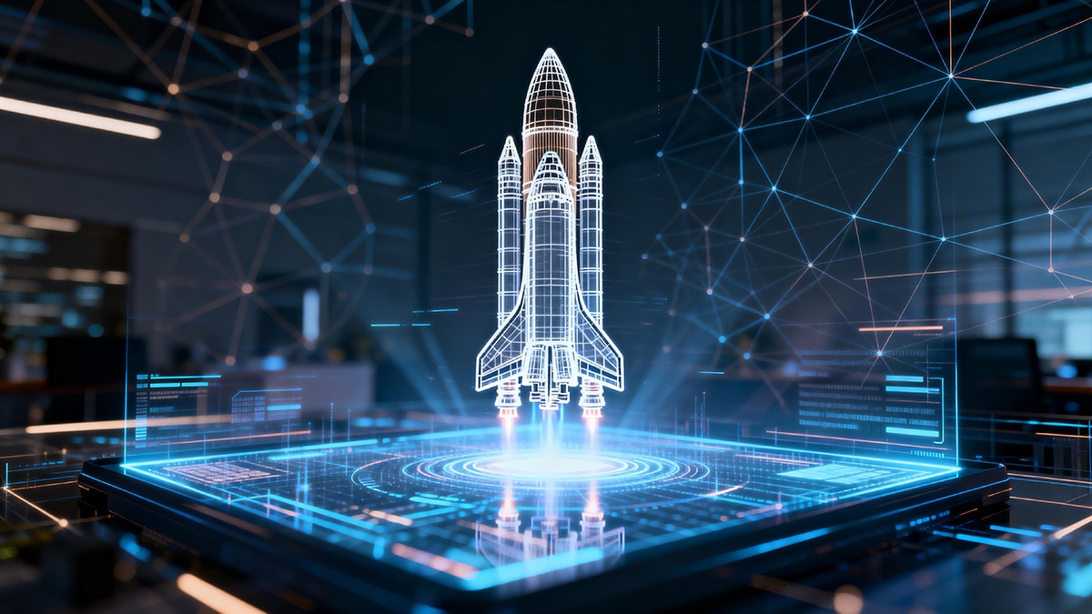 Futuristic rocket hologram on digital platform