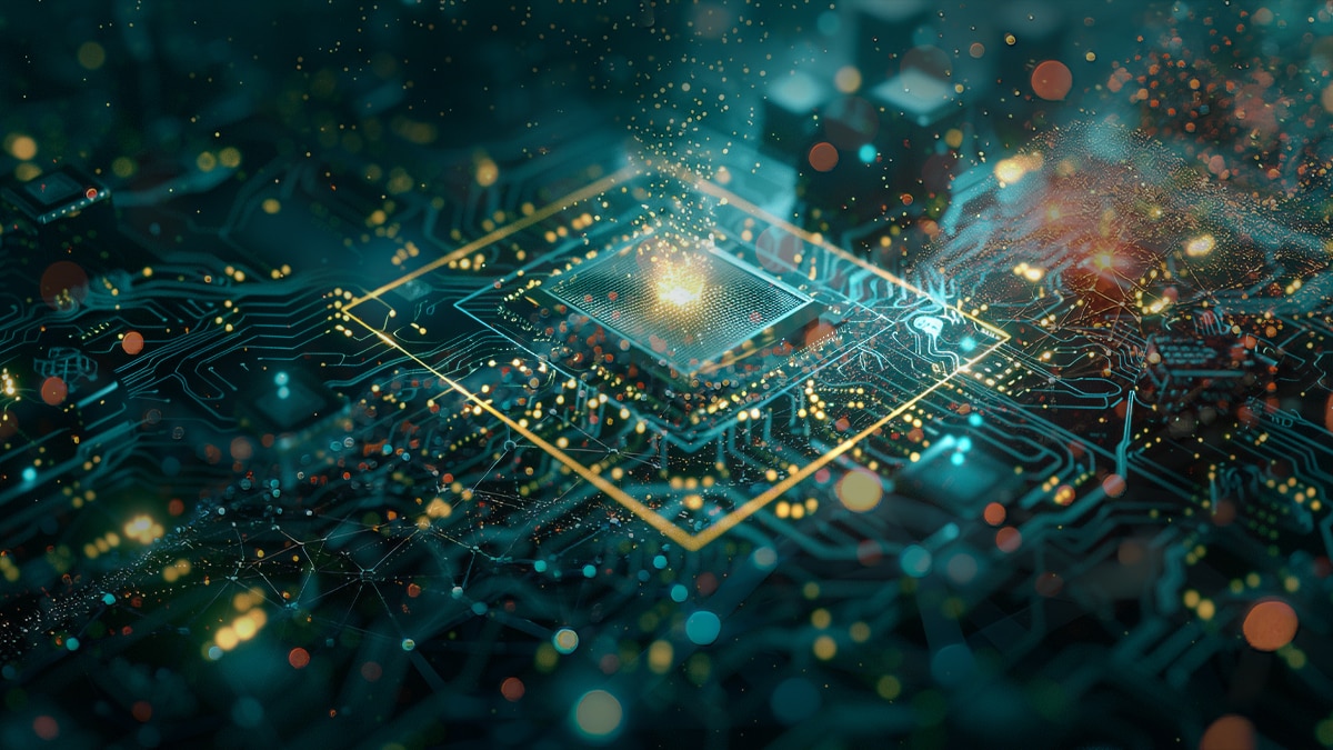 Glowing microchip at center of teal circuit board with gold light particles and data-like connections spreading outward