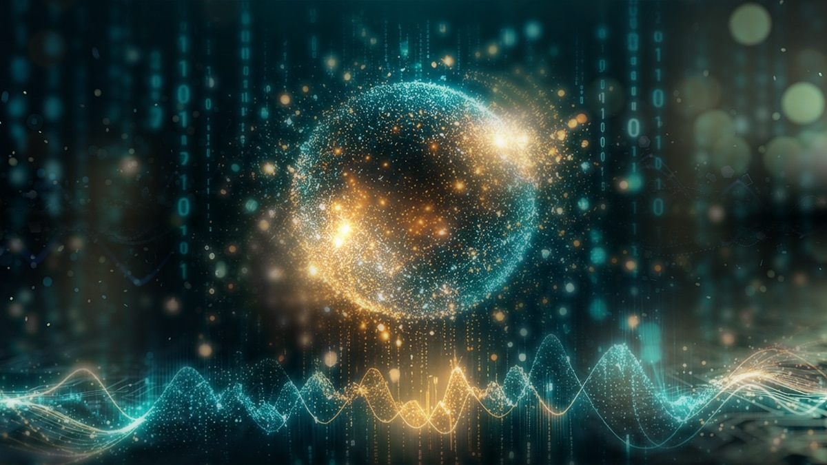 Glowing teal and gold particle globe over digital matrix with binary code and flowing data wave lines, representing AI and data analytics