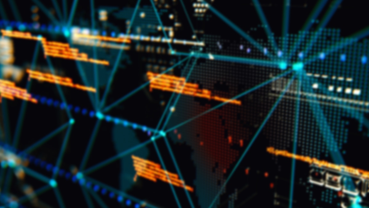 Abstract digital world map with glowing nodes and connecting lines, showing global data flow and network connections in blue and orange.
