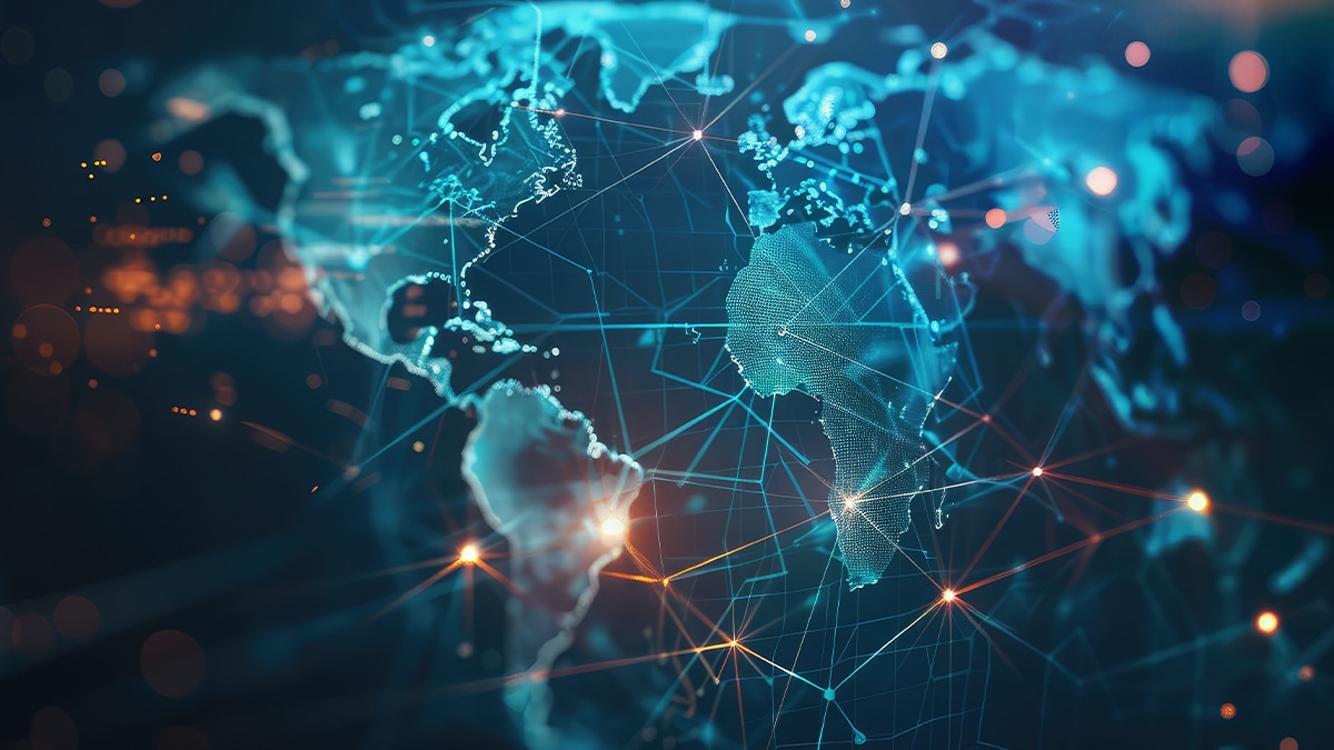 Abstract digital world map with glowing network lines and nodes connecting continents in teal and blue tones.