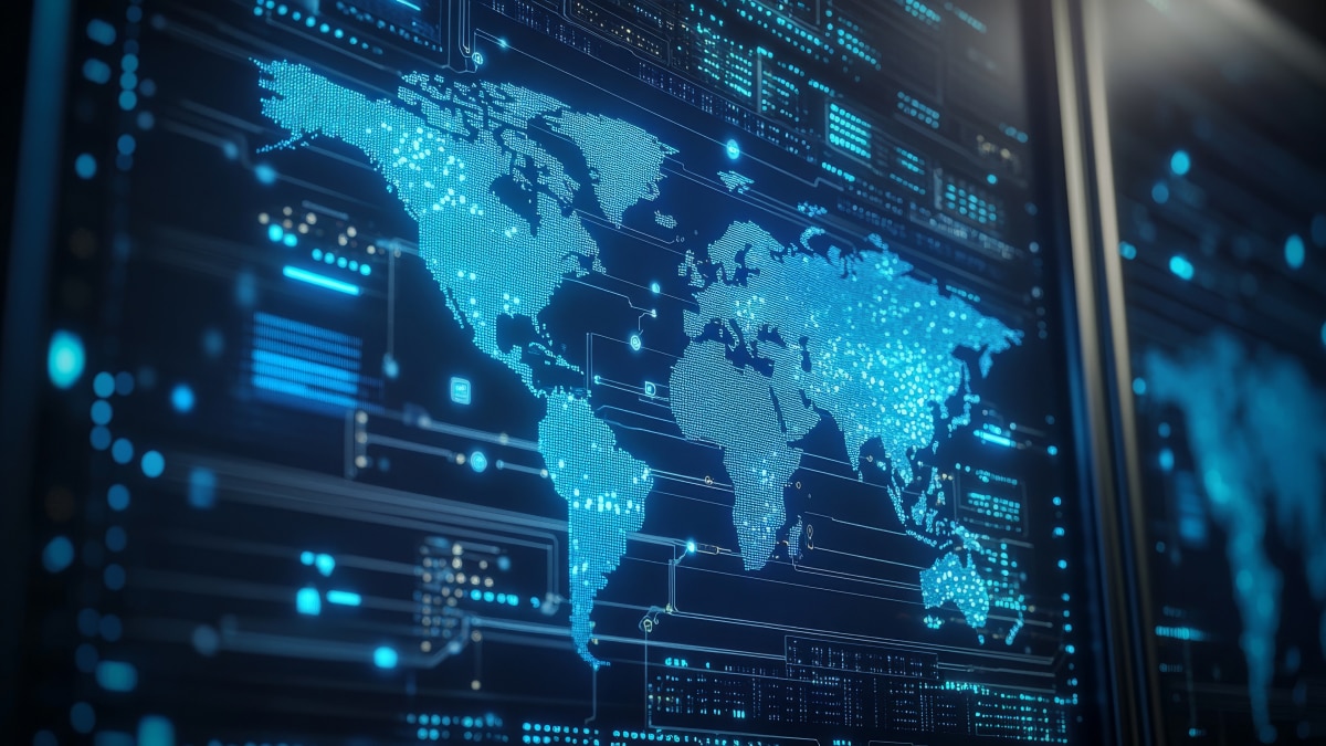Glowing blue world map with data nodes and connecting lines on a digital interface, representing global network and data flow