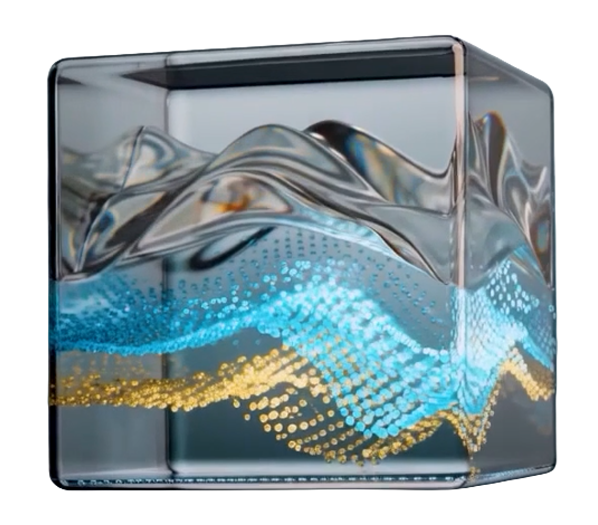 Abstract glass cube with flowing blue and gold particle waves