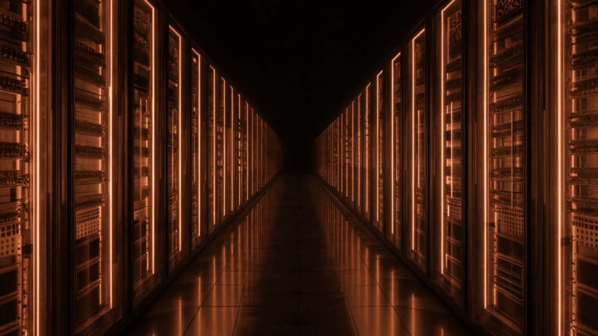 Long aisle of illuminated server racks in a data center with warm orange lighting, emphasizing AI infrastructure.