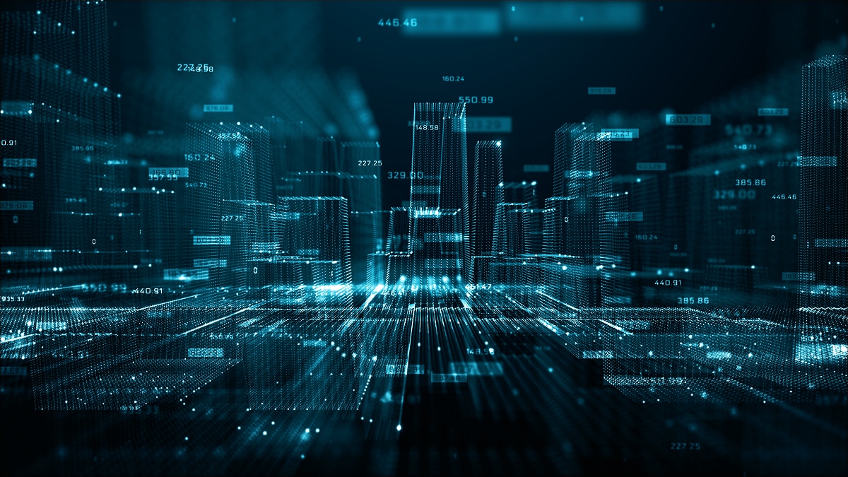 Abstract digital cityscape in blue and teal, made of glowing data points and lines, with floating numerical values.