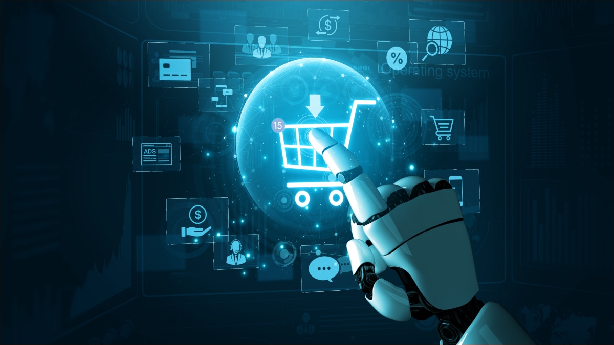 Robotic hand touches a glowing blue shopping cart icon with '15' on a futuristic digital interface with various e-commerce icons.