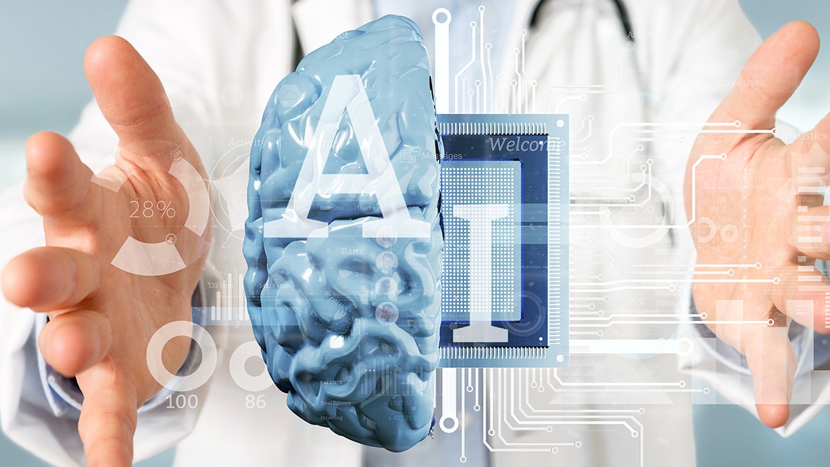 A doctor merging a digital brain with digital chip