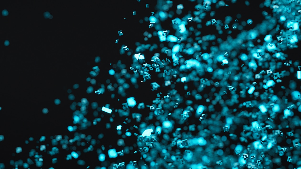Glowing Cyan Glass Particles Floating in Dark Space