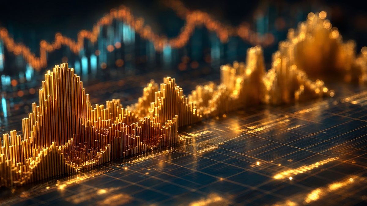 Abstract golden financial chart with glowing bars and trend lines on a dark grid