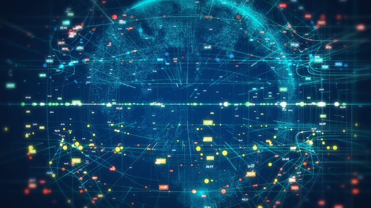 Spherical digital map with glowing data points, lines, and numeric markers showing global network activity.