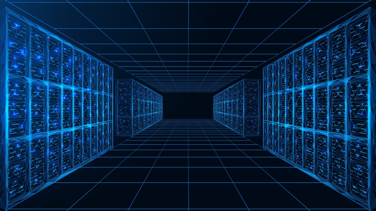 Futuristic hallway with glowing blue grid walls resembling server racks and network nodes.