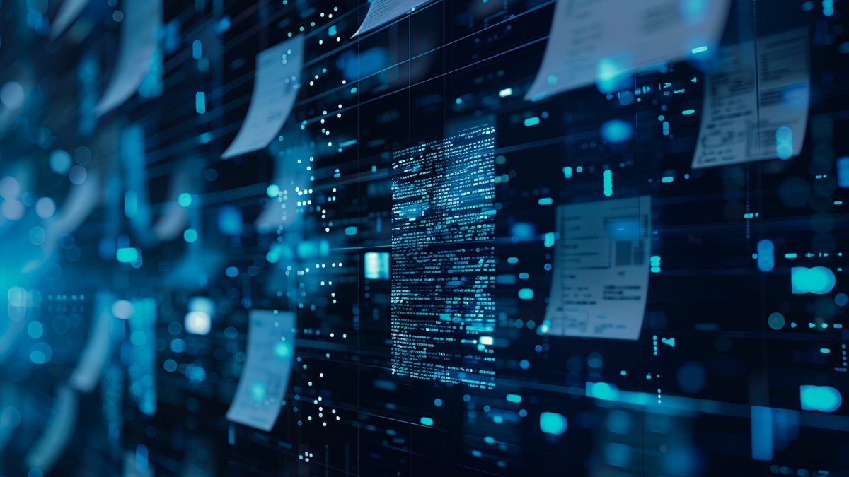 Blue-toned data center interface with glowing code display, floating documents, and abstract digital data visualization.