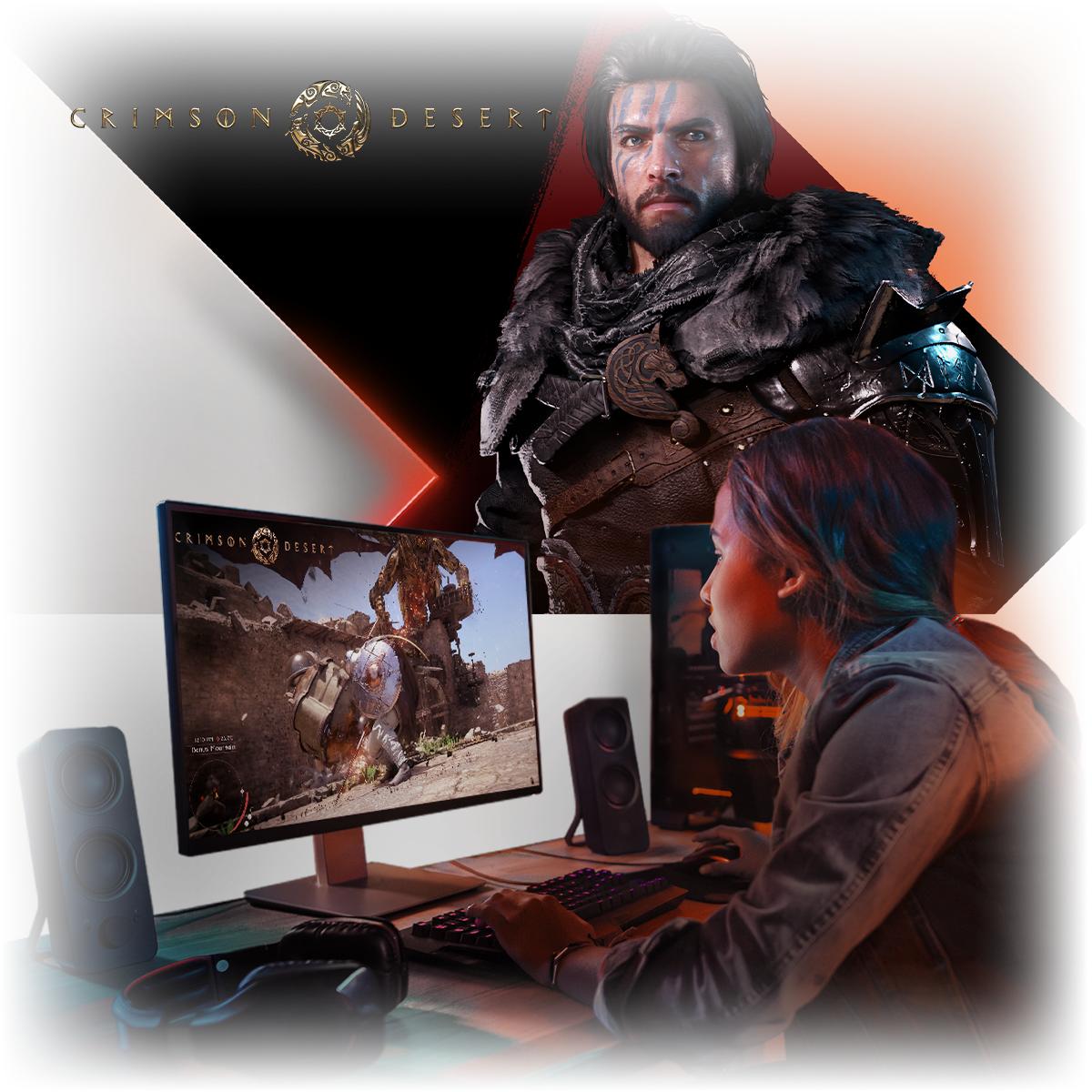 female gamer playing Crimson Desert on a desktop computer