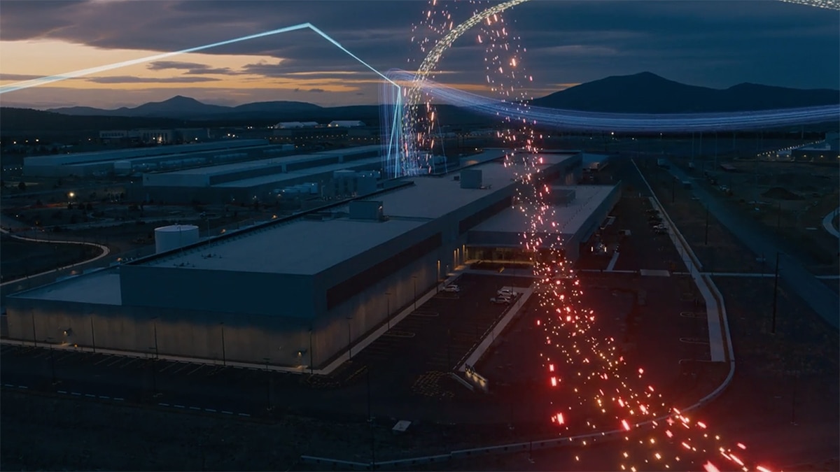 warehouse at night with digital artifact