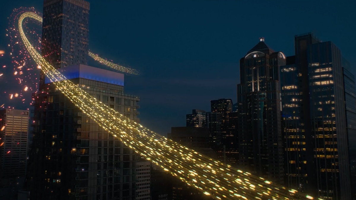 city skyline at night with digital artifacts