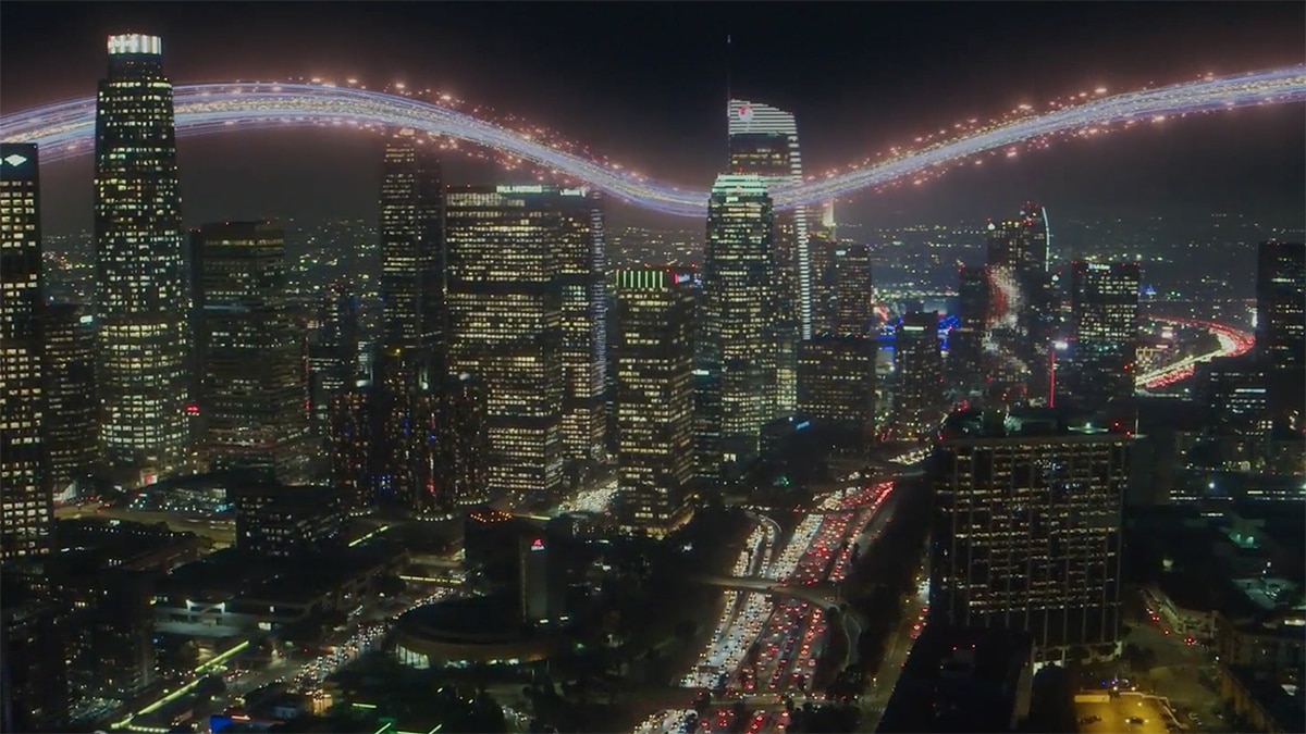 city skyline at night with digital artifacts