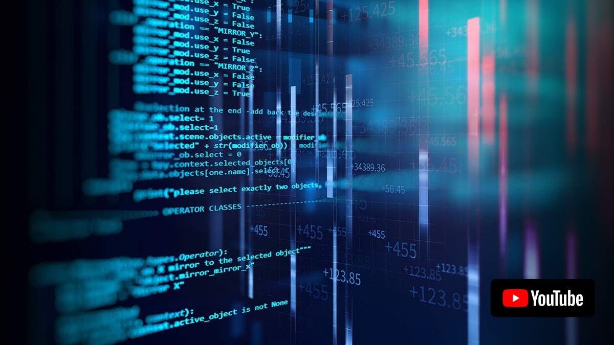 Blue programming code with numerical data and graphs overlaid on a dark background.