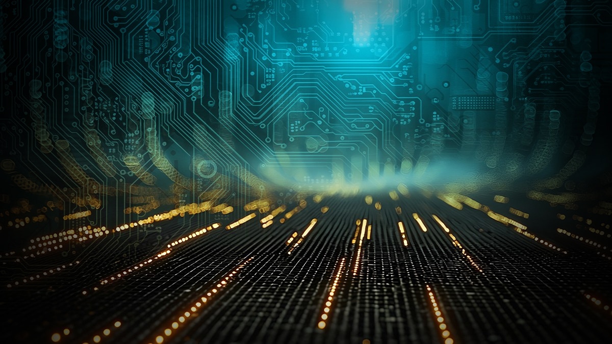 Abstract digital background showing green circuit patterns with glowing golden light trails.