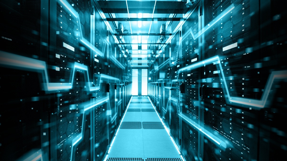 Corridor of server racks with glowing blue digital lines representing data transfer.