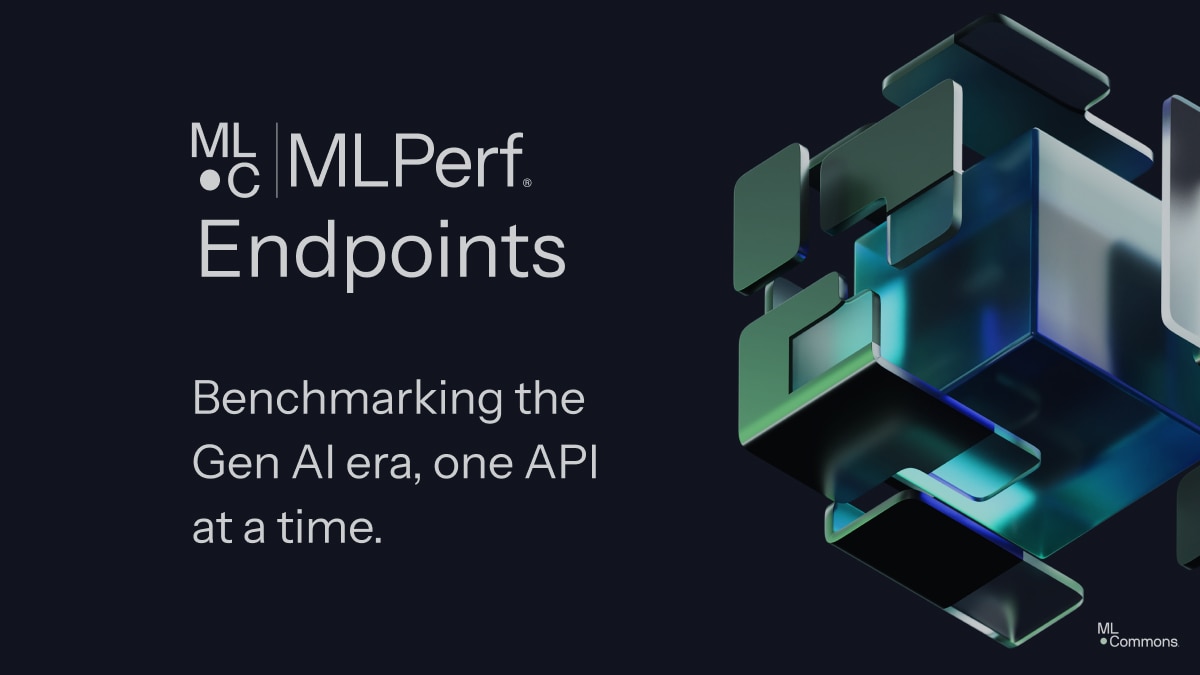 Dark abstract 3D blocks with text “MLPerf Endpoints” and “Benchmarking the Gen AI era, one API at a time.” plus MLCommons logo