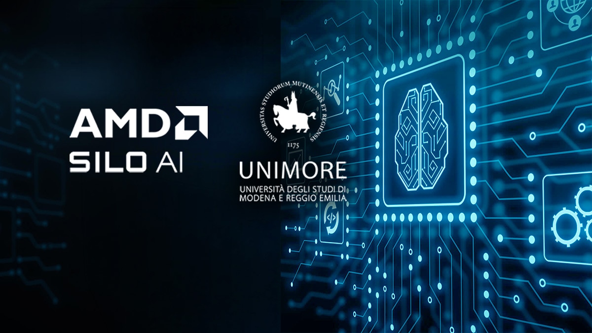 Digital AI processor interface with a brain icon and connected circuit graphics and visible text: "AMD SILO AI" and "UNIMORE"