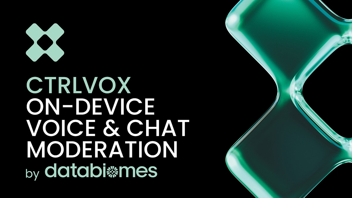 CTRLVOX on-device voice and chat moderation by Databionics on black with green abstract graphics.