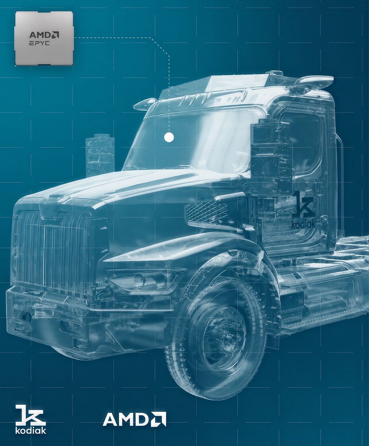 Transparent Kodiak autonomous truck on a teal grid with EPYC processor and Kodiak branding.