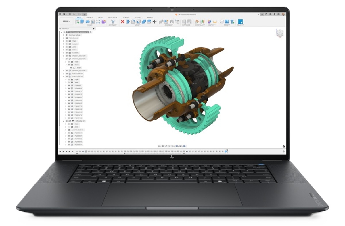 Black HP laptop displays a 3D CAD application with a detailed mechanical assembly model.