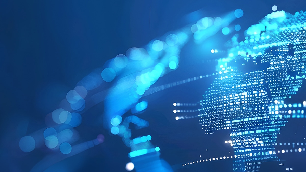 Abstract blue digital face formed by glowing pixels and data points on a dark background, representing AI, data, and machine learning.