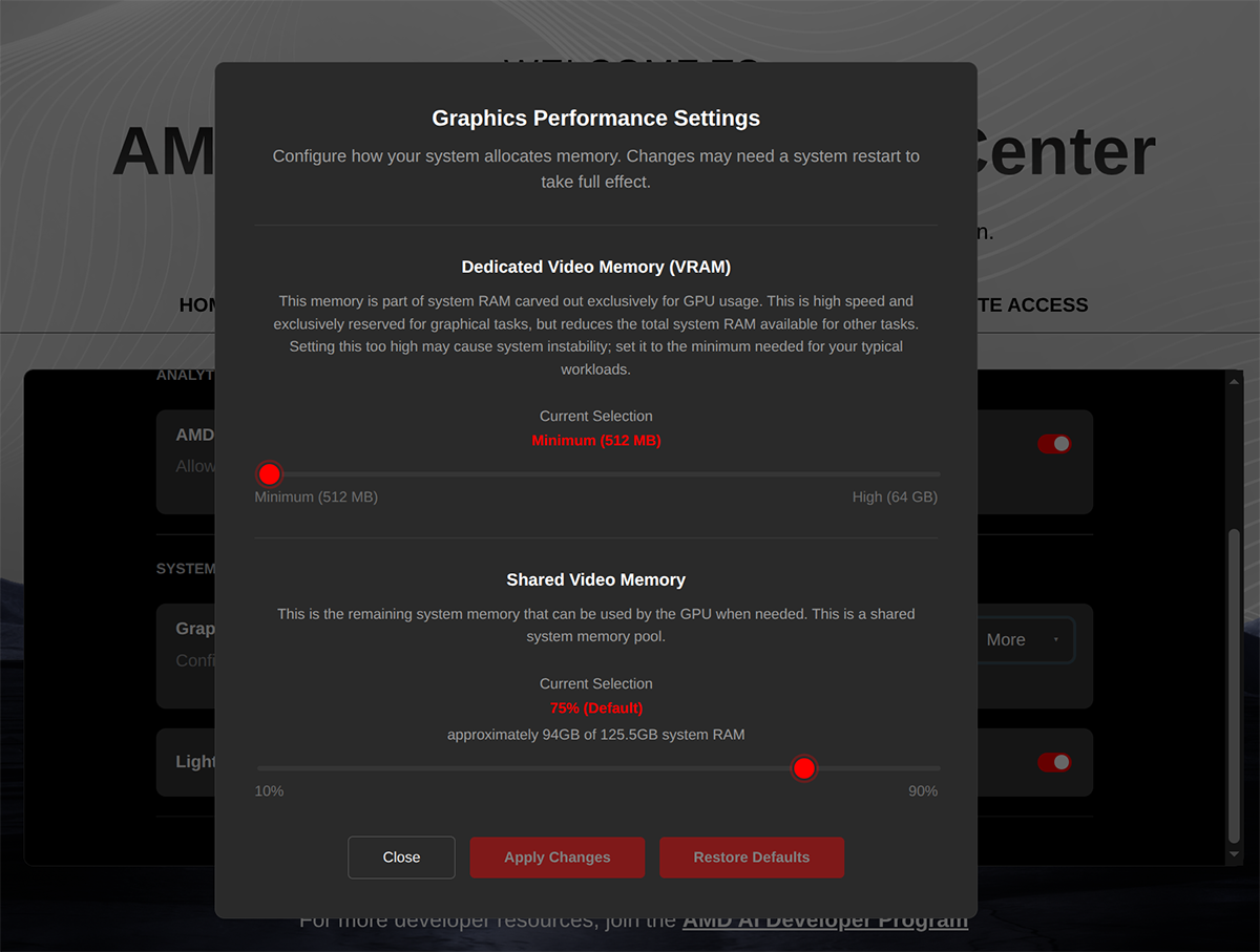 Graphics Performance Settings dialog showing VRAM slider at Minimum (512 MB) and Shared Video Memory at 75% (Default), approximately 94 GB of 125.5 GB RAM, with Apply Changes and Restore Defaults buttons.