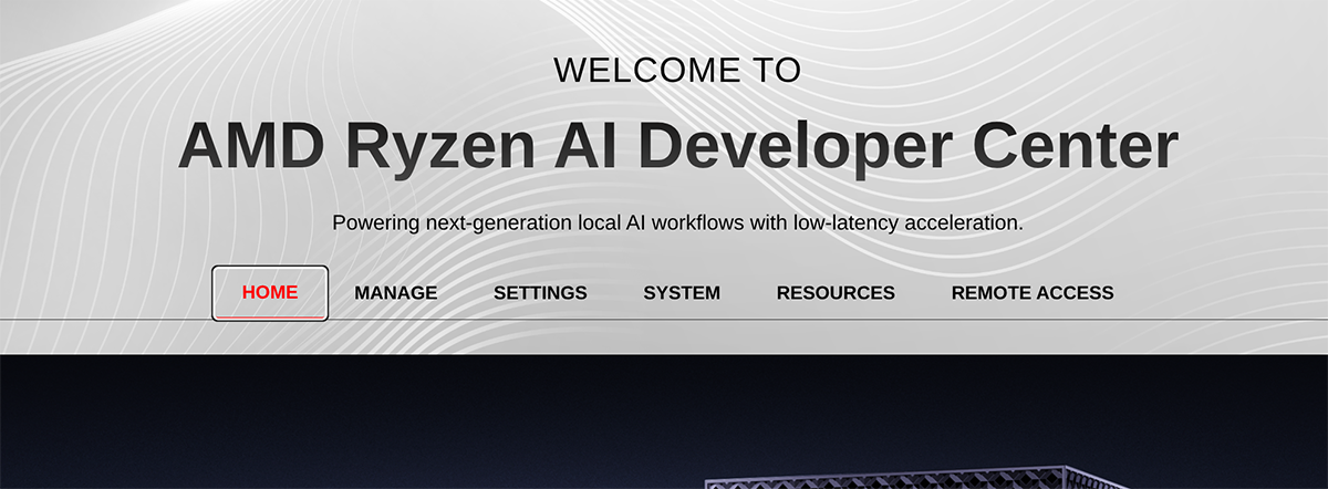 AMD Ryzen AI Developer Center home page with navigation for Home, Manage, Settings, System, Resources, and Remote Access.