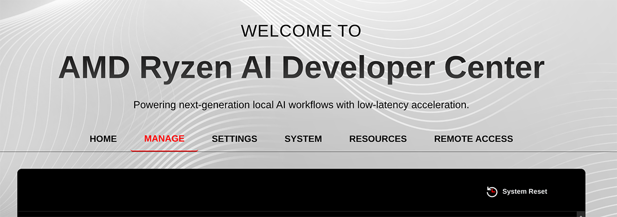 AMD Ryzen AI Developer Center Manage page with System Reset option and navigation for Home, Manage, Settings, System, Resources, and Remote Access.
