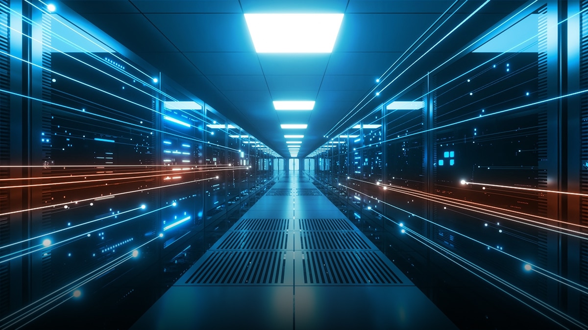 Data center with glowing lights