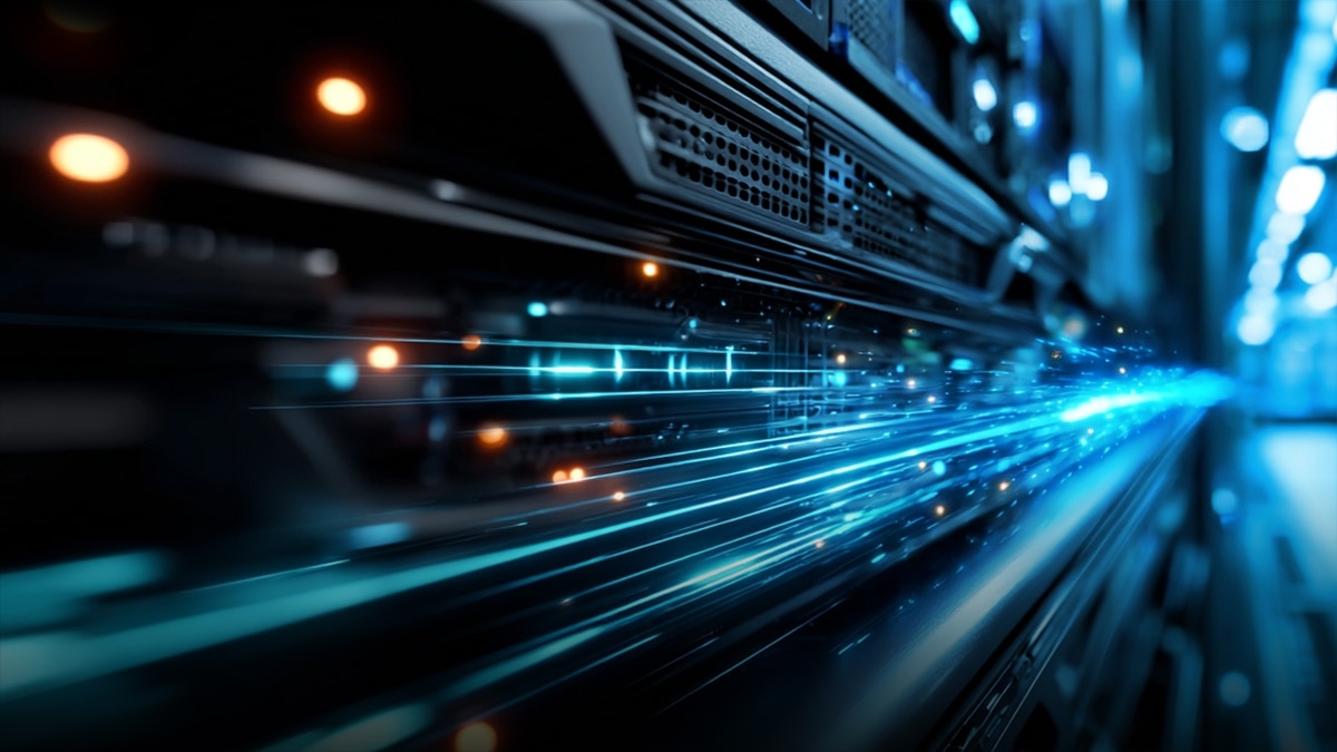 Close-up of a data center with glowing lights