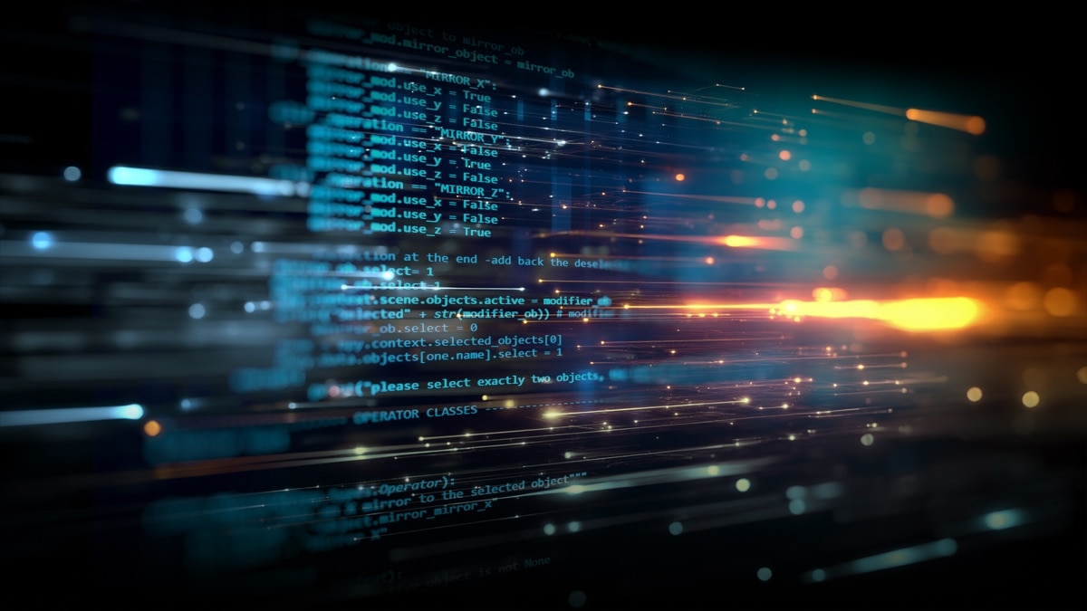 Abstract teal and orange light streaks overlaid with scrolling source code, suggesting data flow or AI processing