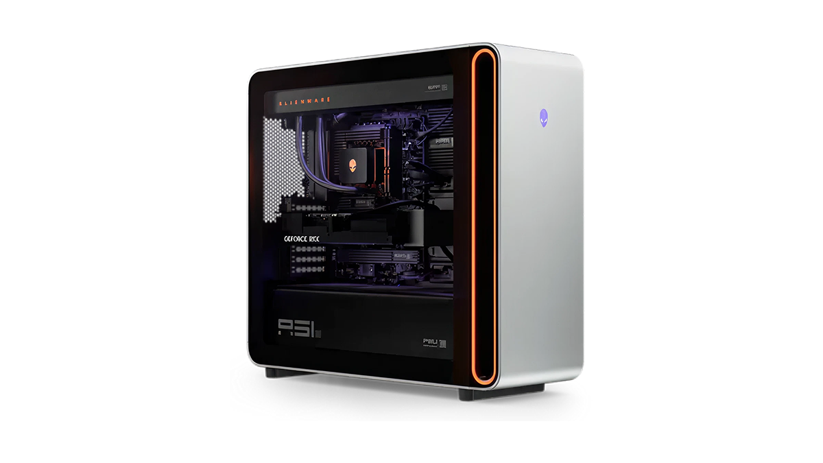 White Alienware desktop PC tower with transparent side panel, visible internal components, and orange accent lighting.