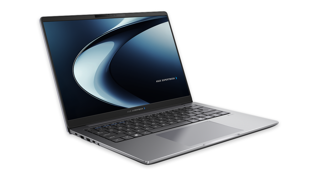 Silver ASUS ExpertBook laptop open at an angle, showing thin bezels, full keyboard, and minimalist abstract display.