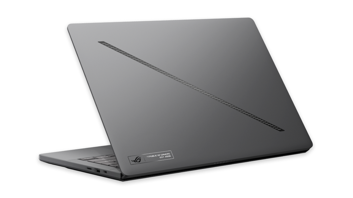 Gray ROG gaming laptop partially open from the rear, featuring a diagonal lid light strip and Republic of Gamers badge.
