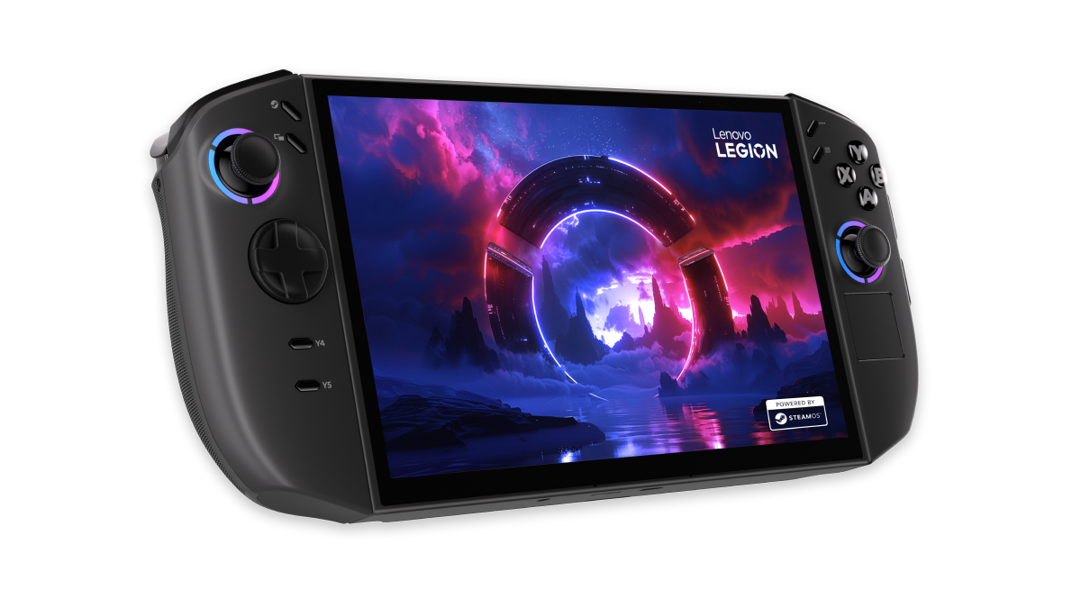 Lenovo Legion handheld gaming device with dual thumbsticks and buttons, showing colorful game scene on screen.