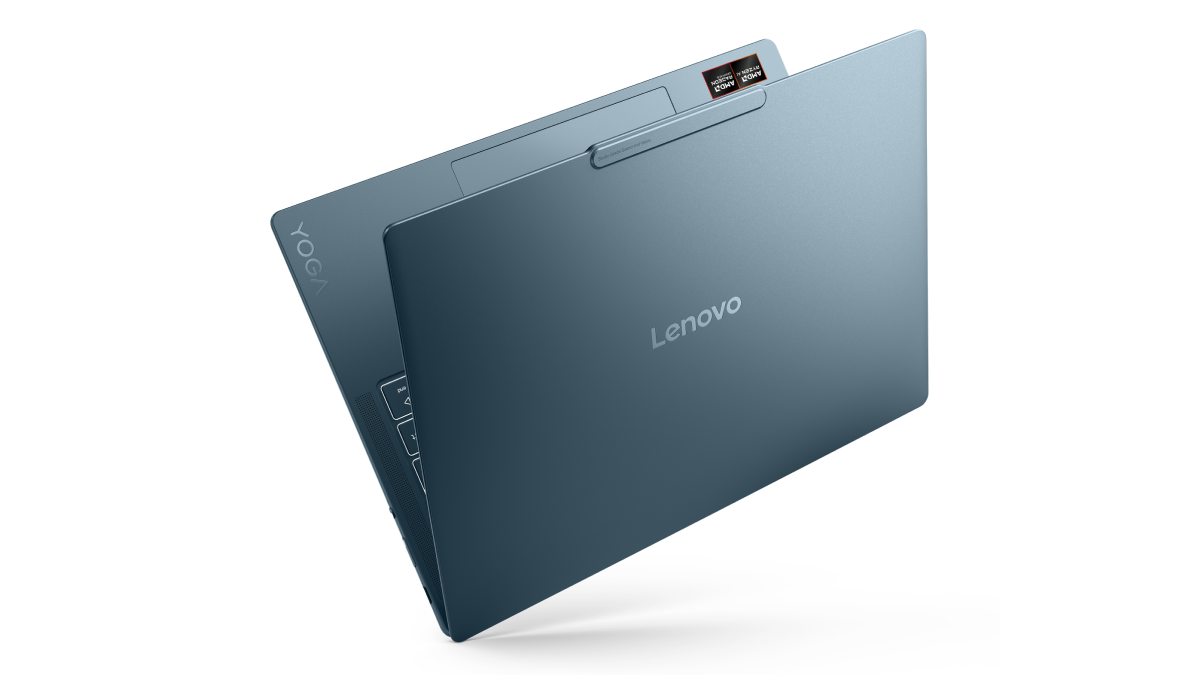 Teal Lenovo Yoga laptop partially open, rear view showing Lenovo logo and slim hinge design.