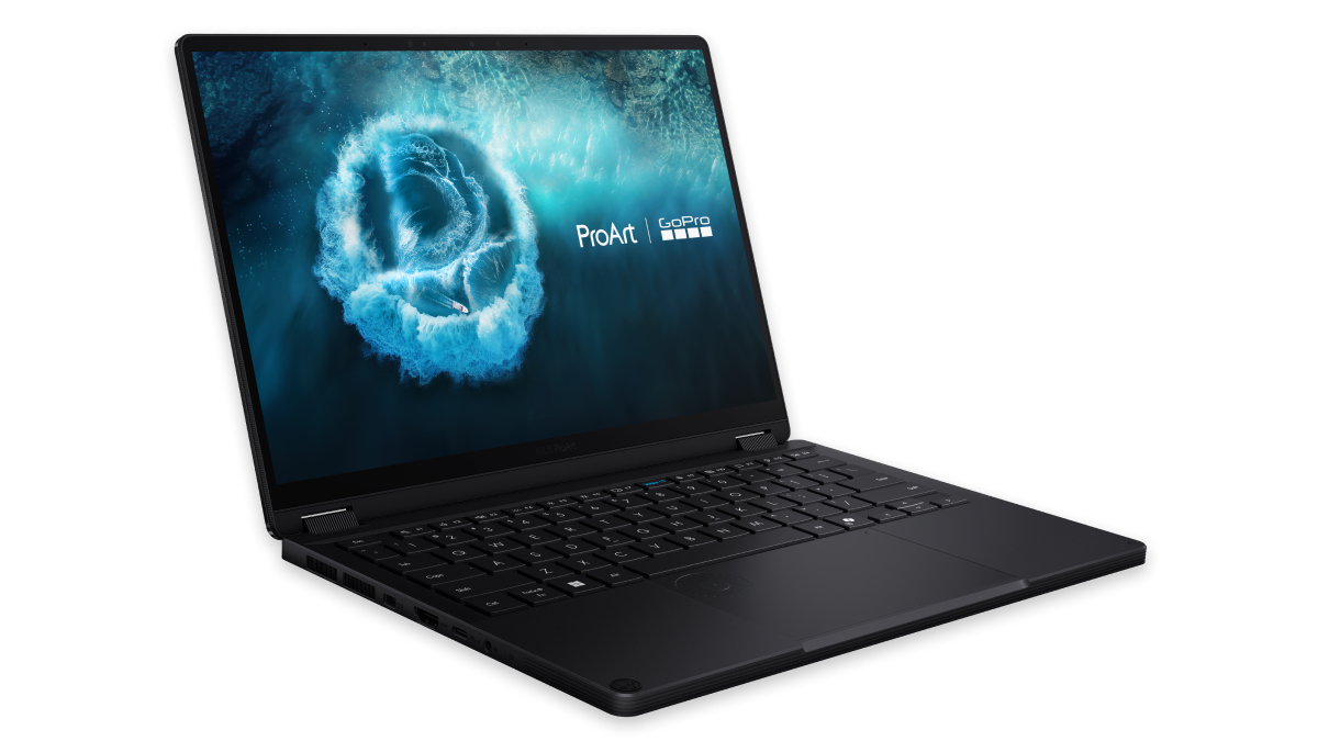 Black ASUS ProArt laptop open with ocean-themed graphic and ProArt GoPro branding displayed on screen.
