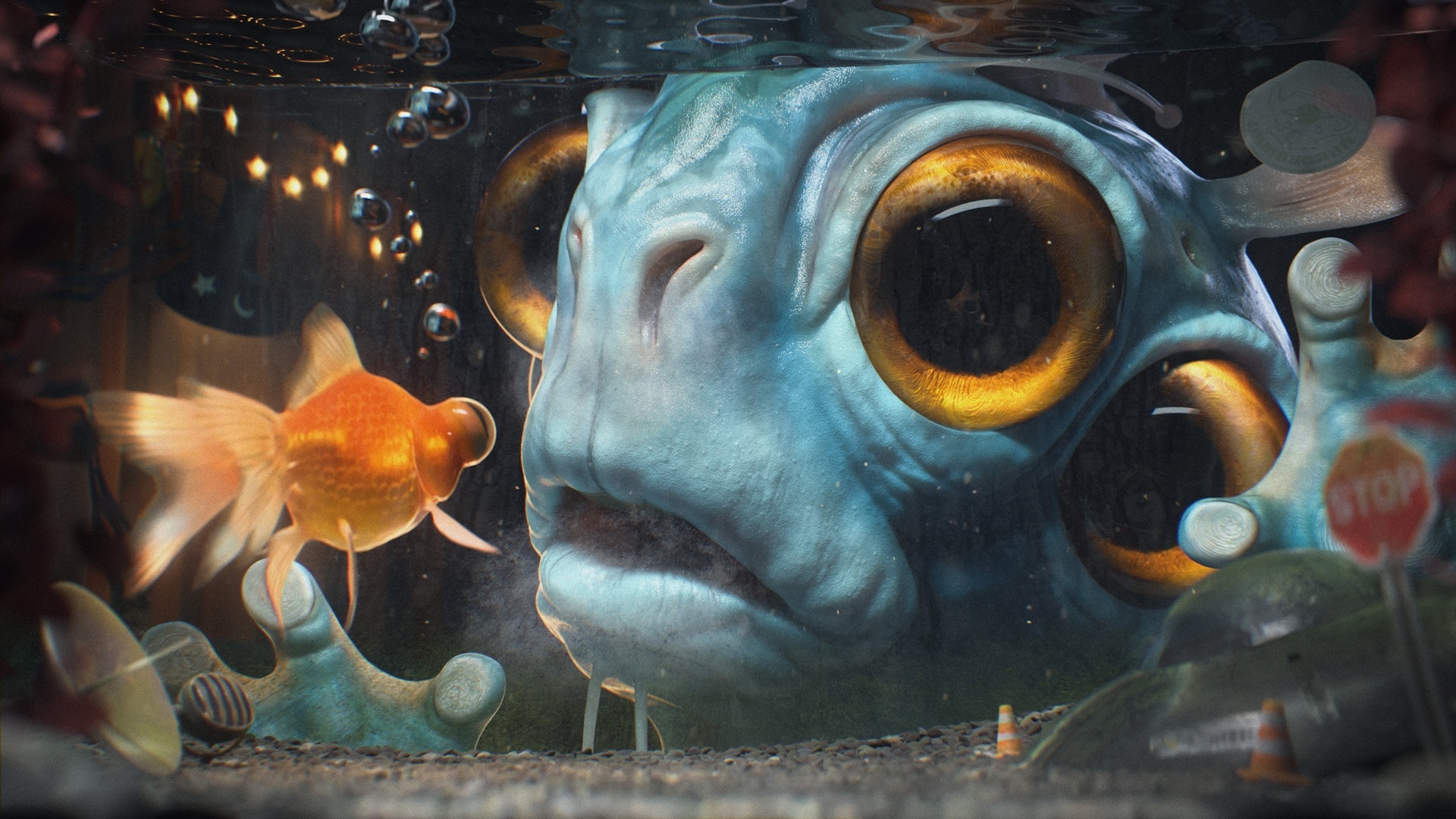 A large blue alien creature presses against a fish tank while a goldfish swims inside the glass.