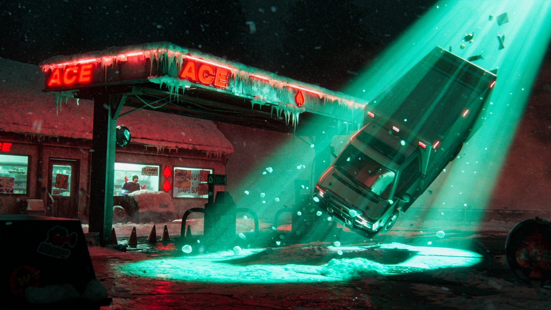 A shadowy science-fiction scene uses dramatic lighting, volumetric effects, and environmental detail to suggest an unseen encounter.