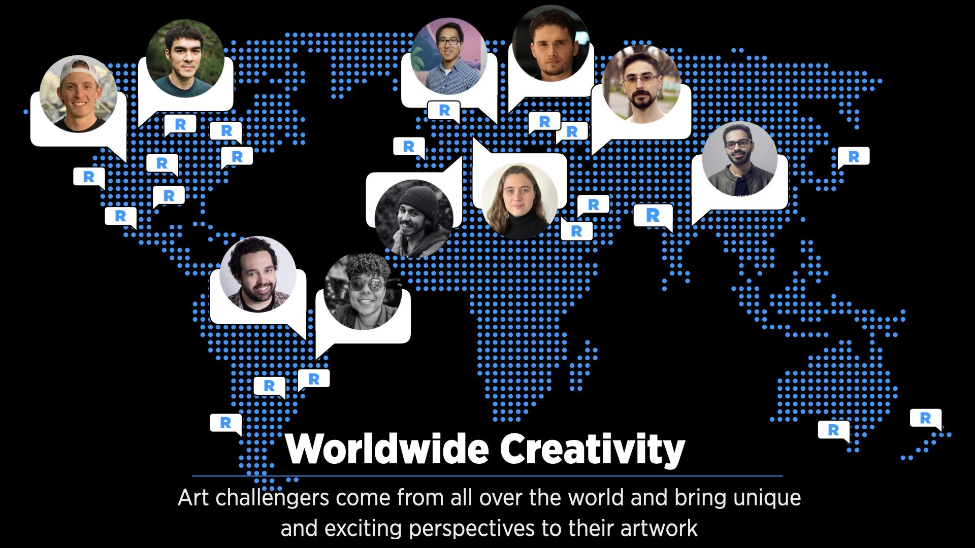 World map showing the international distribution of artists who used AMD Creator Cloud during the RenderMan challenge.