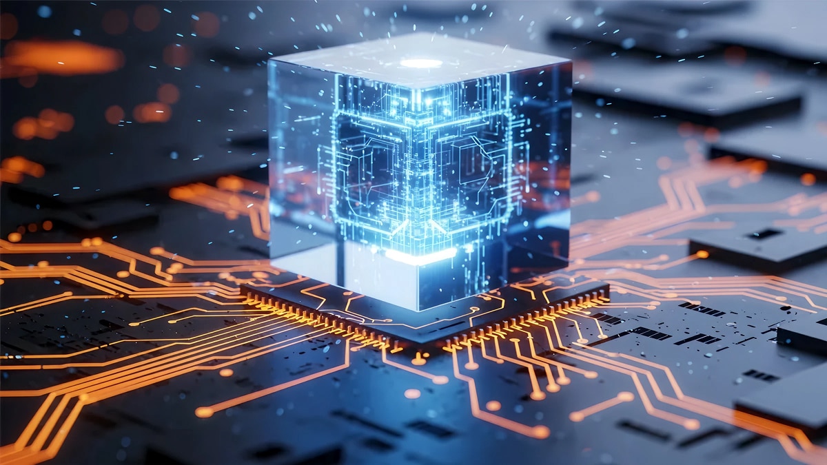 Glowing transparent cube with circuit patterns hovering above a microchip, symbolizing AI computing and data processing.
