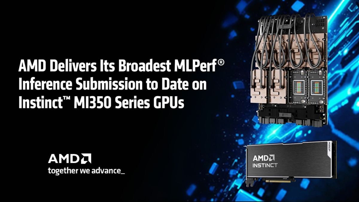 Instinct MI350 Series GPU platform and PCIe card appear beside text highlighting the broadest MLPerf inference submission to date.
