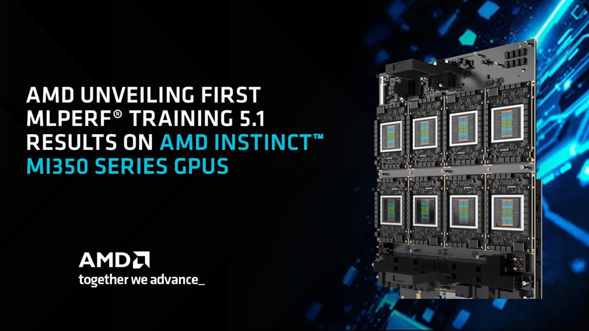 AMD promotional image announcing MLPerf Training 5.1 benchmark results achieved on AMD Instinct MI350 GPUs, featuring a GPU cluster visual.
